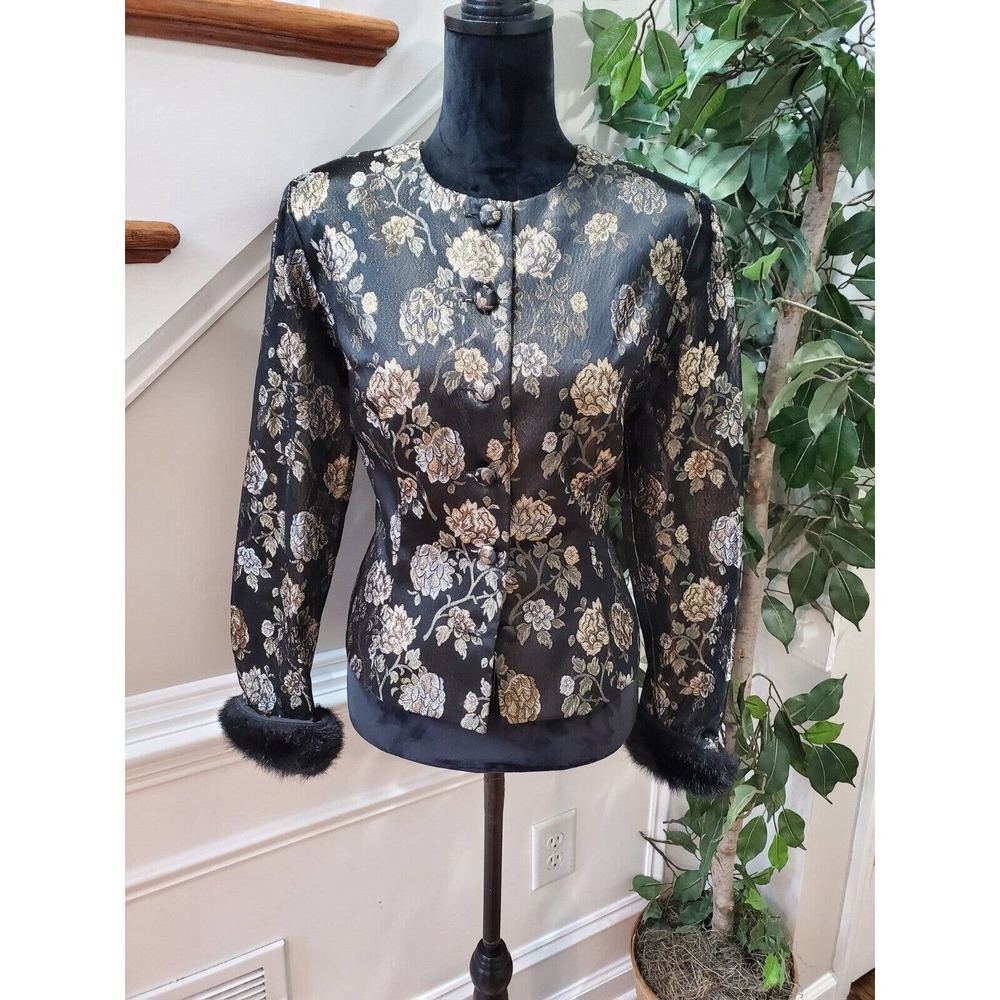 Crimson by Lawrence Kurtz Black Floral Long Sleeve Buttons Front Jacket Blazer 6